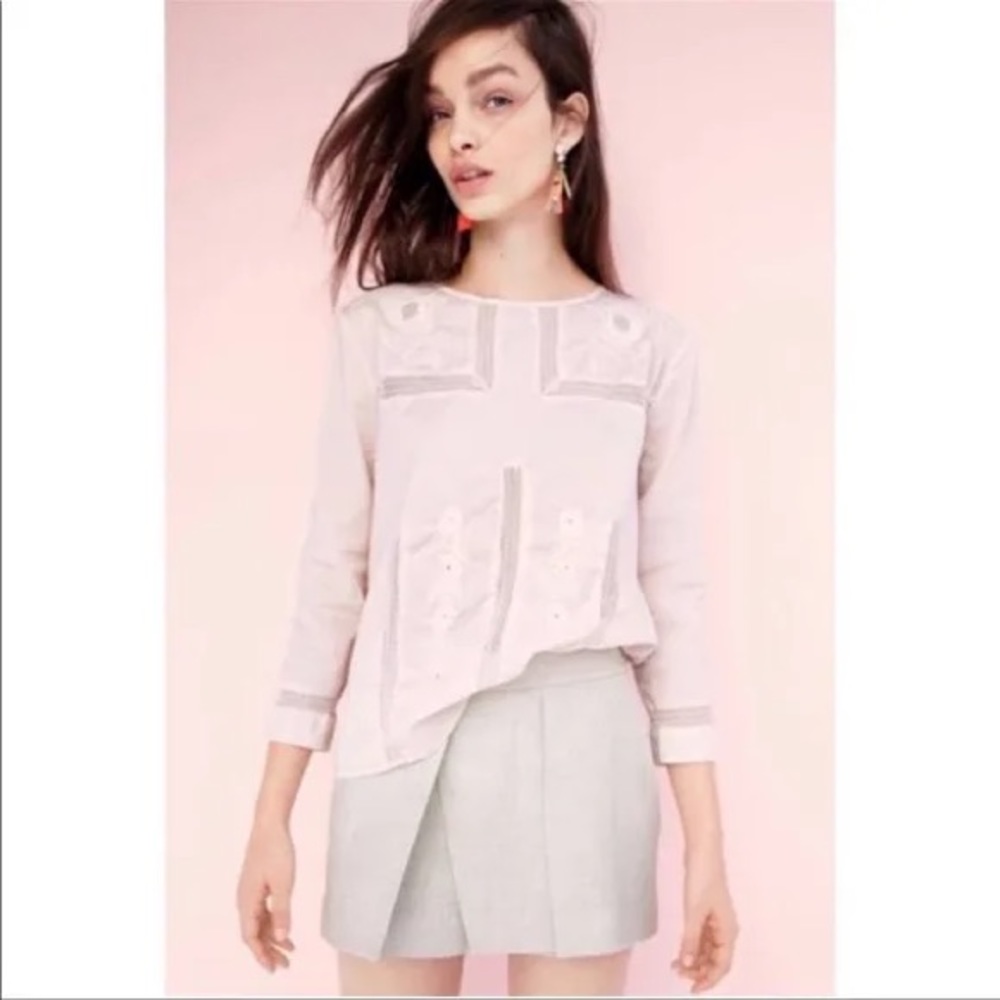 J Crew cotton light pink with embroidery blouse size 0 with 3/4 sleeves